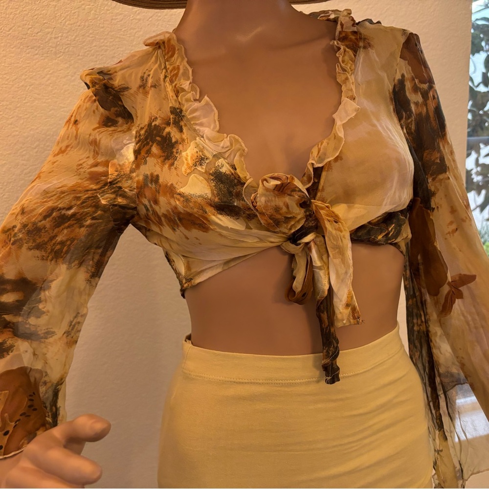 JohnPaulRichard Sheer tie, crop Blouse/Jacket with Earthy Tones, Chiffon,Bella - Picture 4 of 11